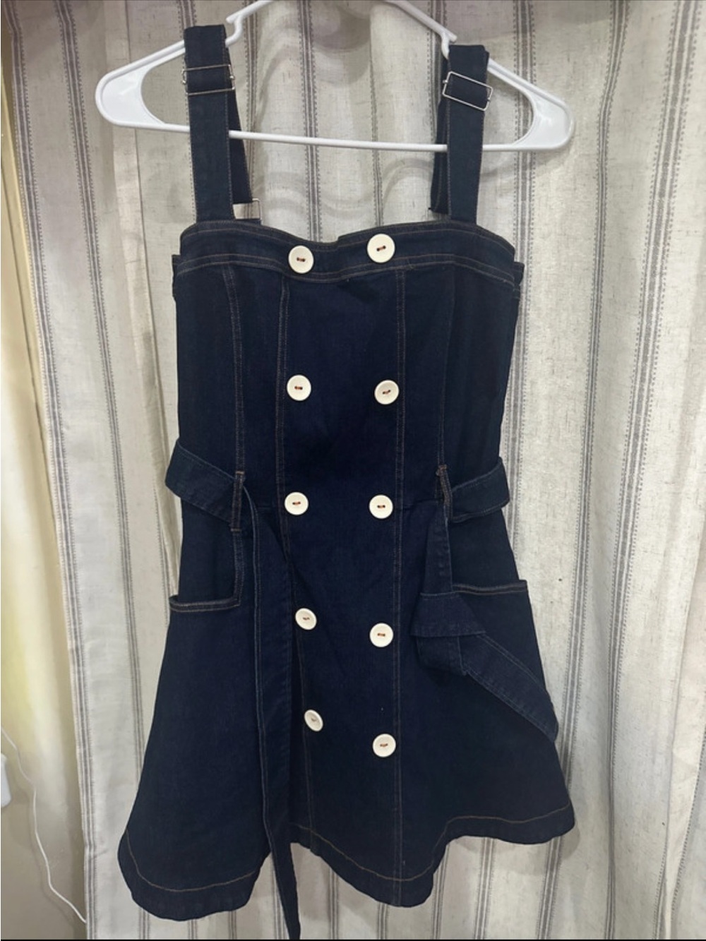 Navy Double-Breasted Denim Pinafore Dress